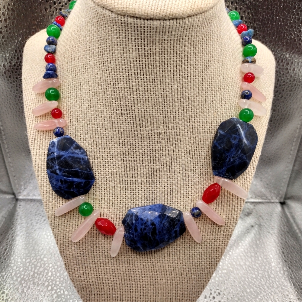 Chunky Sodalite, Rose quartz, Raw Ruby, Raw Emerald Necklace By Vladesign